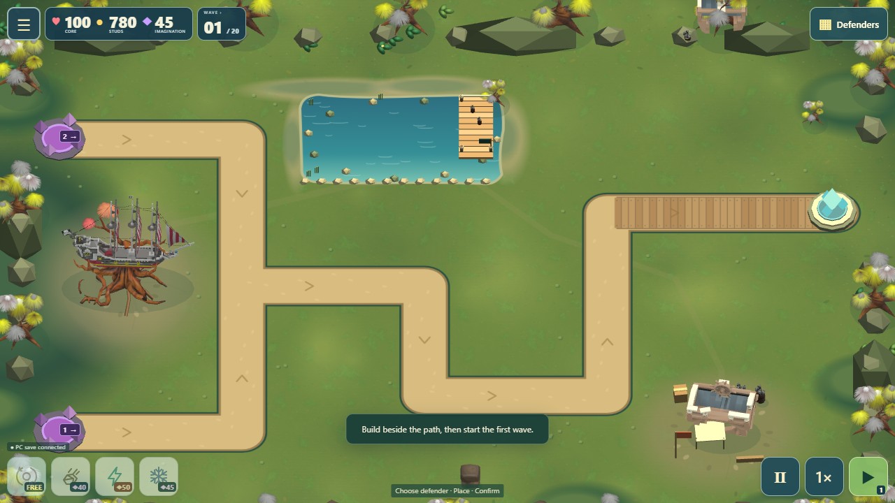 Maelstrom Defense development screenshot: a winding defense path beside a pirate ship and forest pond.